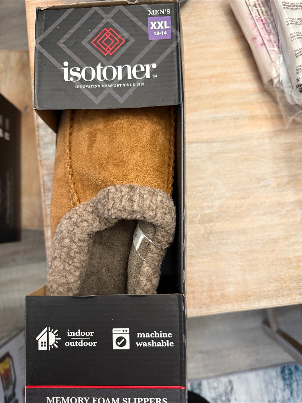 isotoner Men's Chestnut Suede-Look Memory Foam Slippers